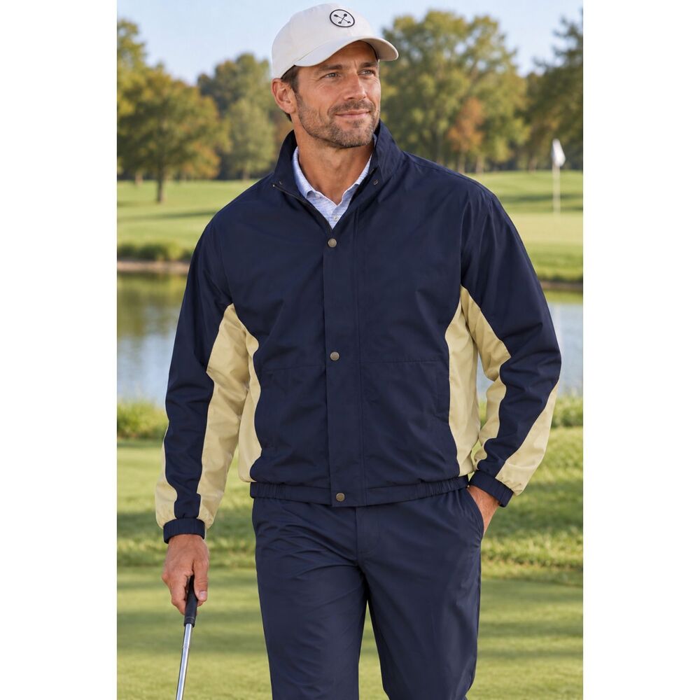 Vintage Sun Mountain Golfsmith Golf Jacket All Weather Mens XXL Pockets Navy Tan
